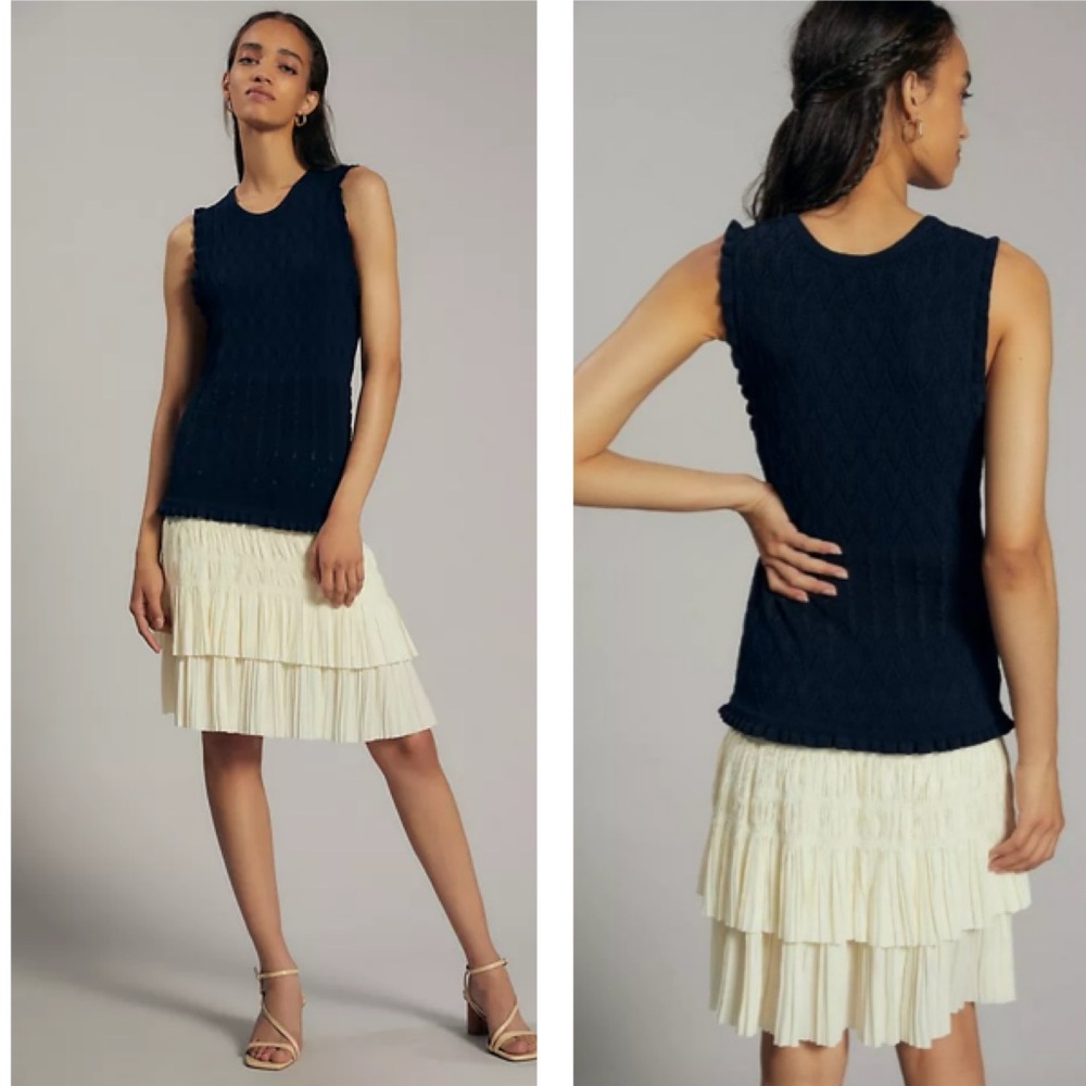 Anthropologie Current Air Pleated Mini Dress Navy Knit Ivory White